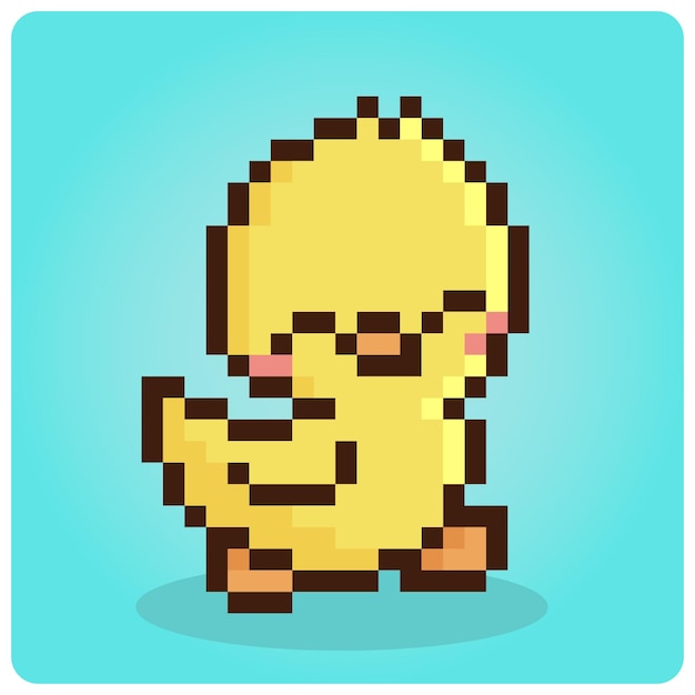 Happy duck in 8-bit pixels. Animal game assets in vector illustrations