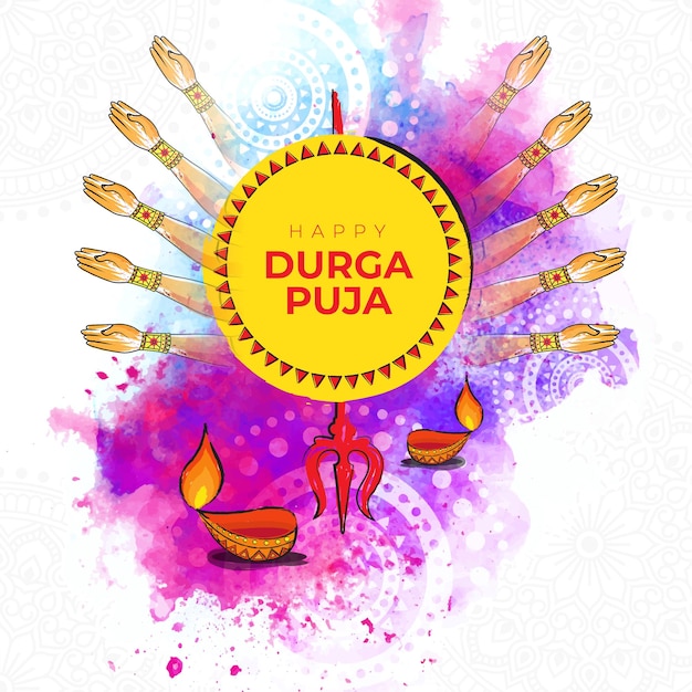 Happy Durga Puja Greeting Design Template with Watercolor Background