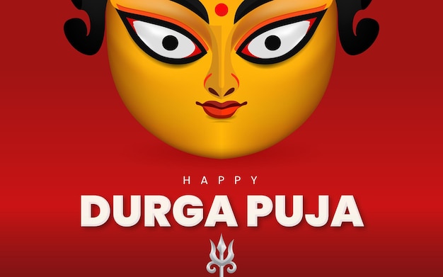 Happy Durga puja and navratri festival wishing banner with illustration of devi face and trishul