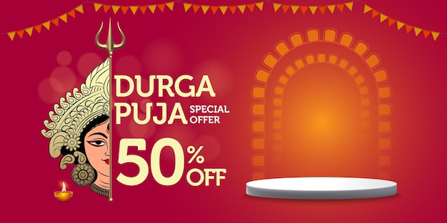 Happy Durga Puja Sale special offer banner template with festive elements