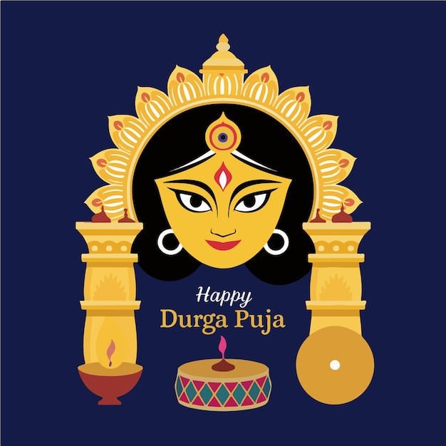 Happy Durga Puja typographic with Durga face