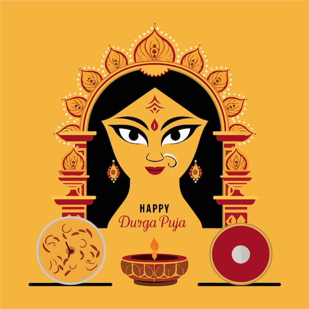 Happy Durga Puja typographic with Durga face