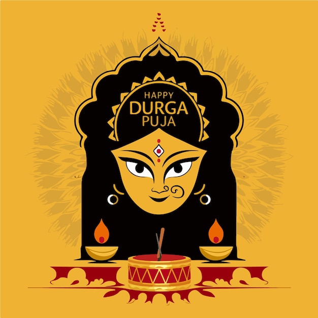 Vector happy durga puja typographic with durga face