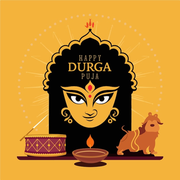 Happy Durga Puja typographic with Durga face