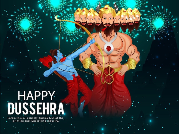 Happy dussehra celebration background with illustration of lord rama killed ravan