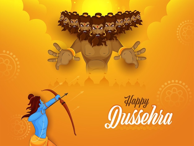 Happy Dussehra Celebration Background With Lord Rama Taking Aim To Demon Ravana Illustration.