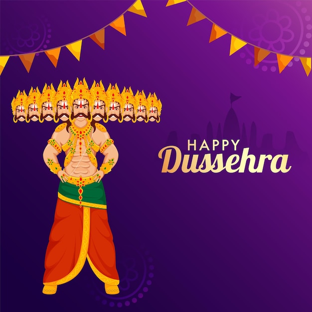 Happy Dussehra Celebration Concept With Hindu Mythology Demon Ravana Standing And Bunting Flags On Purple Silhouette Ayodhya Background