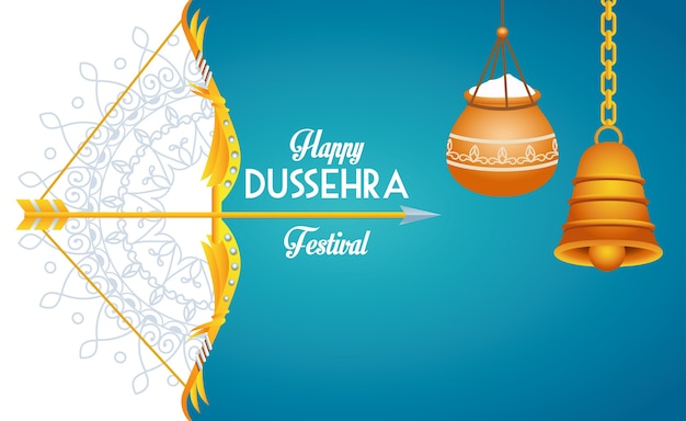 Happy dussehra festival poster with arch and bell hanging