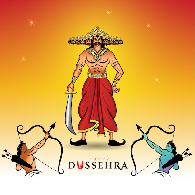 Happy Dussehra greeting with Lord ram and ravana illustration