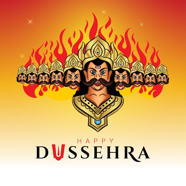 Happy Dussehra greeting with Ravana head burning illustration