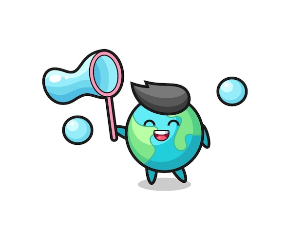 Happy earth cartoon playing soap bubble , cute style design for t shirt, sticker, logo element