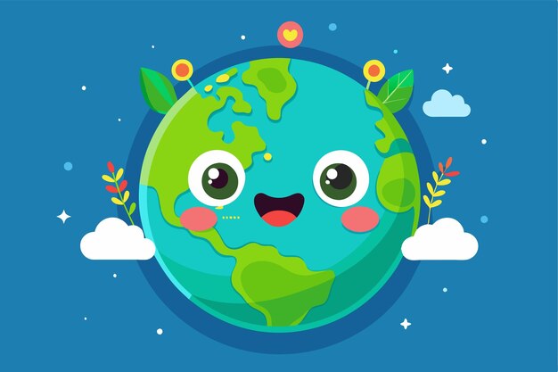 Vector a happy earth character smiles amidst clouds flowers and greenery in a bright engaging setting happy earth customizable flat illustration