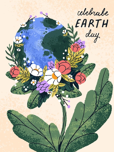 Vector happy earth day 22 april poster protection of planet ecology concept of social support to save nature environment healthy world clean globe with bloom flowers plants flat vector illustration