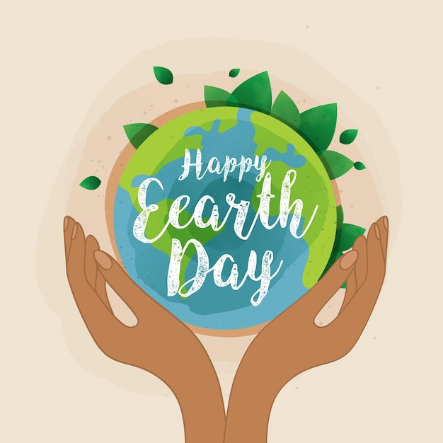 Happy earth day Earth Day 22 April with the globe world map and hands for saving environment save clean green planet ecology concept card for world earth day vector design