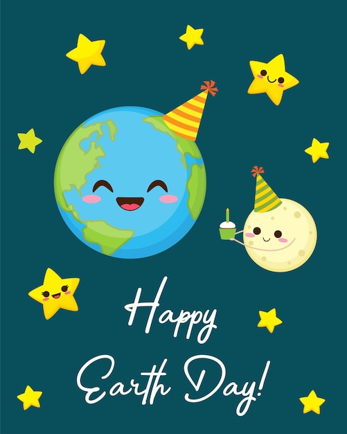 Happy Earth day greeting card Cute planet with funny face and birthday hat Moon with cupcake and stars characters in space