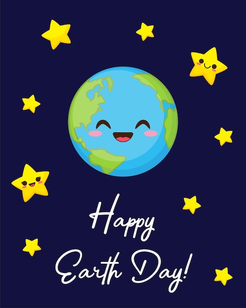 Happy Earth day greeting card Cute planet with funny face and stars characters in space