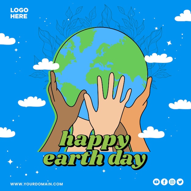 Happy earth day poster greeting with world and hand illustration