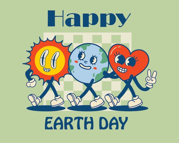 Happy Earth Day retro cards with slogan Vintage nostalgia cartoon planet mascot character with smiling face Globe with peace hand gesture Environment friendly recycle concept