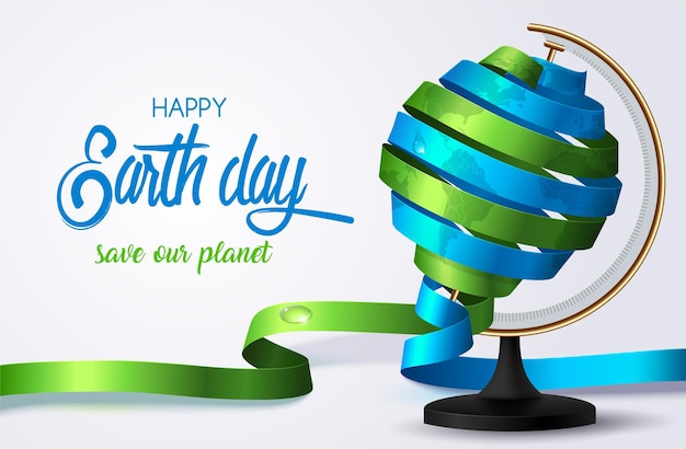 Vector happy earth day. twirl green and blue ribbon in form earth globe. ecology concept. earth day banner template.