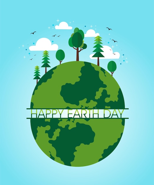 Happy Earth Day with Forest Birds Clouds Stars and Blue Background Flat Shaped Vector