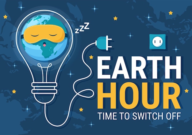 Happy Earth Hour Day Illustration with World Map and Time to Turn Off in Sleep Hand Drawn Templates