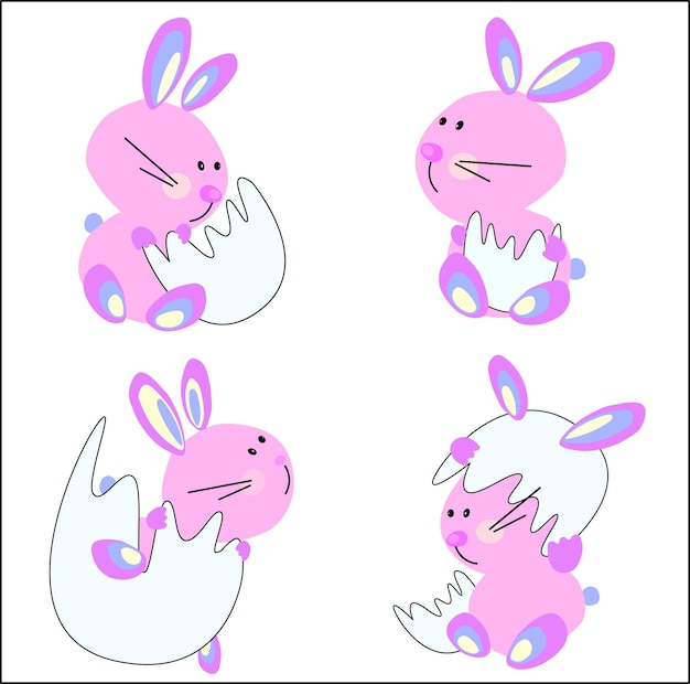 Happy easter animal rabbits cute baby rabbits with eggshell and easter eggs vector illustration on a white background