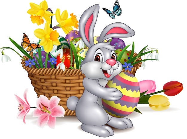 Happy Easter background with rabbit holding an Easter egg