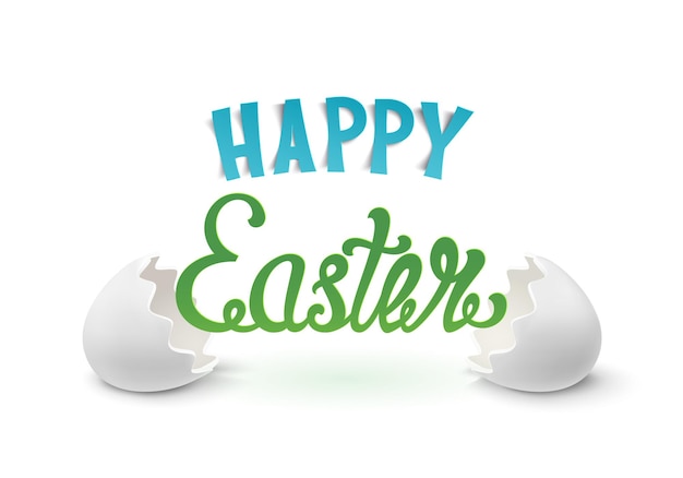 Happy Easter background with two egg shells. Hand drawn calligraphic typeface.