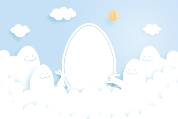 Happy Easter backgroundPaper art of easter eggs and rabbit with cloud shape on blue sky backgroundBanner template designVector illustration