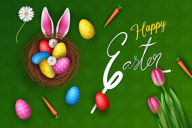 Happy easter banner easter eggs in the nest on green pattern background