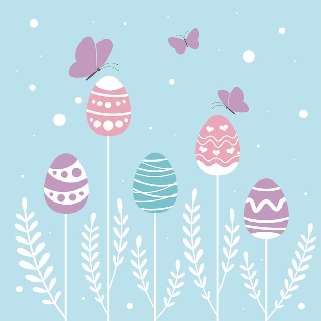 Happy Easter banner poster greeting card Trendy Easter design with typography flowers eggs in pastel