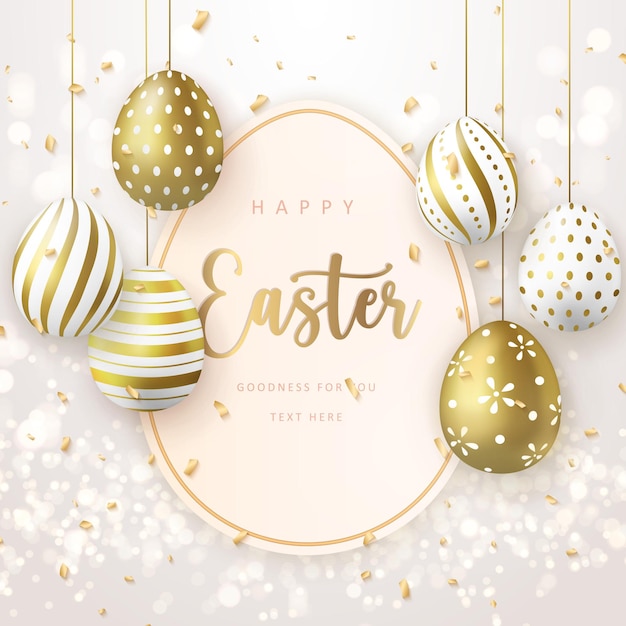 Happy Easter banner template with golden luxury Easter eggs tag card