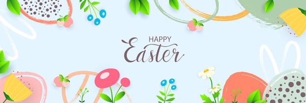 Happy Easter banner Trendy Easter design with typography hand drawn strokes and eggs spring flowers bunny ears in pastel colors Modern minimalist style Vector