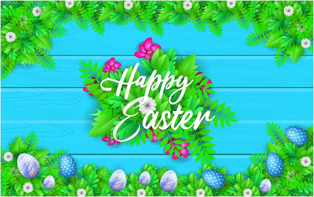 Happy easter banner with egg in the leaves and earn rabbit with flower premium vector