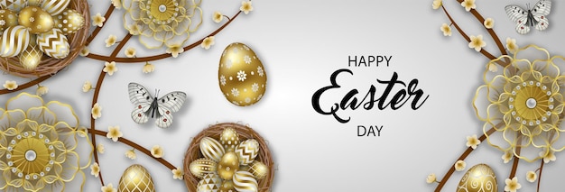 Happy easter banner with gold eggs butterflies and flowers