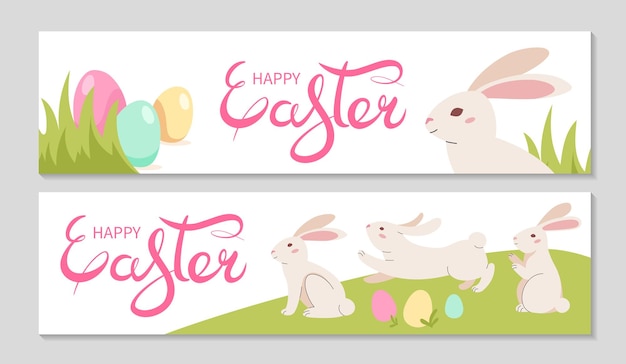 Happy Easter banners set party invitation background Rabbit in floral pattern and colored eggs