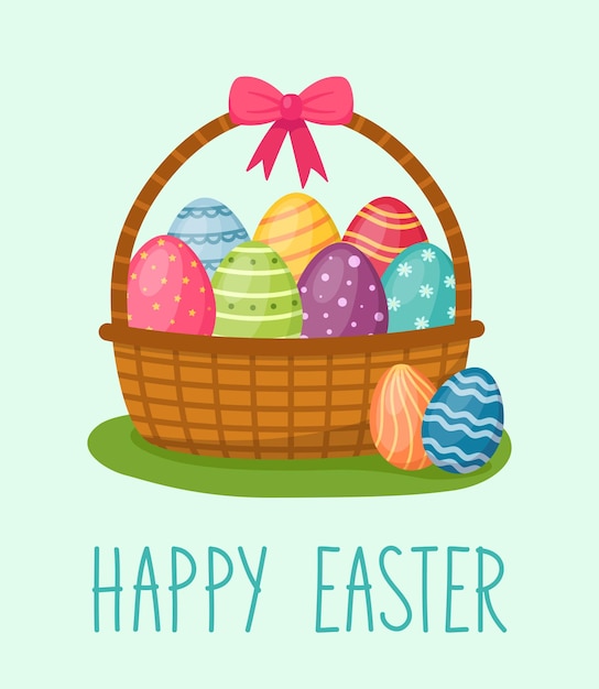 Happy Easter card. Basket with eggs, handwriting text, vector illustration