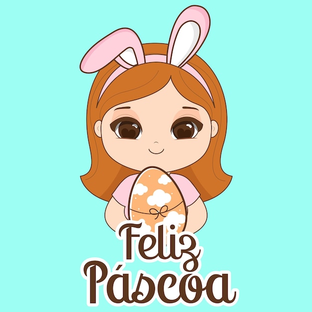 Happy easter Card cute kawaii mascot girl Vector