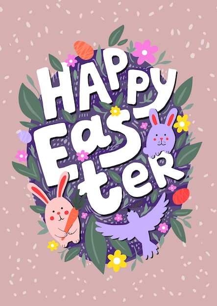 Happy Easter card with bunnies bird flowers leaves eggs and text Hand drawn illustration