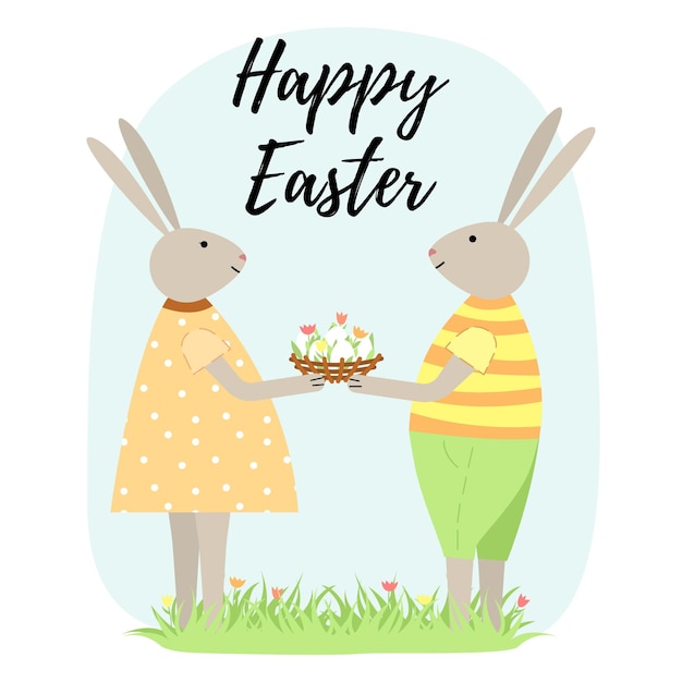 Happy Easter card with bunnies with a basket of eggs on the lawn Vector illustration