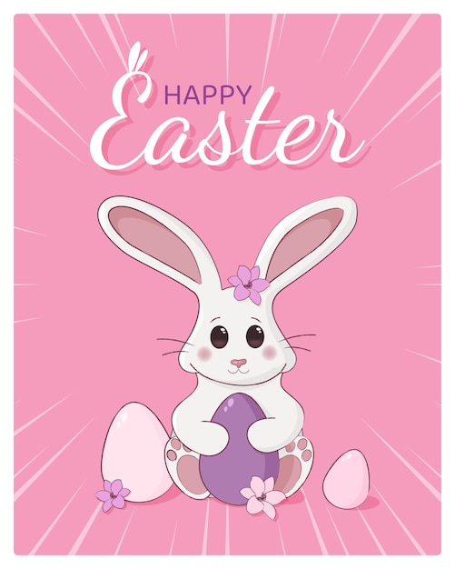 Happy Easter card with cute easter bunny and eggs illustration with cute cartoon easter bunny