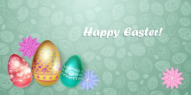 happy easter card with Easter eggs in various colors with colourful decoration