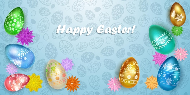 happy easter card with Easter eggs in various colors with colourful decoration