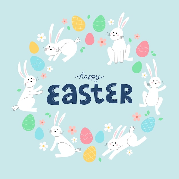 Happy easter card with lettering bunnies and eggs