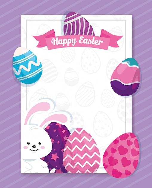 Happy easter card with rabbit and eggs decorated