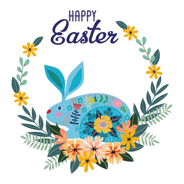 Happy Easter. Cartoon cute folk rabbit with wreath of flowers with text. 