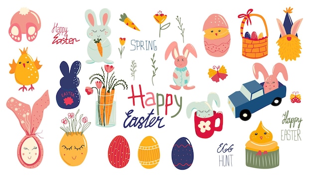 Happy easter cartoon elements eggs cute chickens funny bunnies hand drawn spring flowers vector set