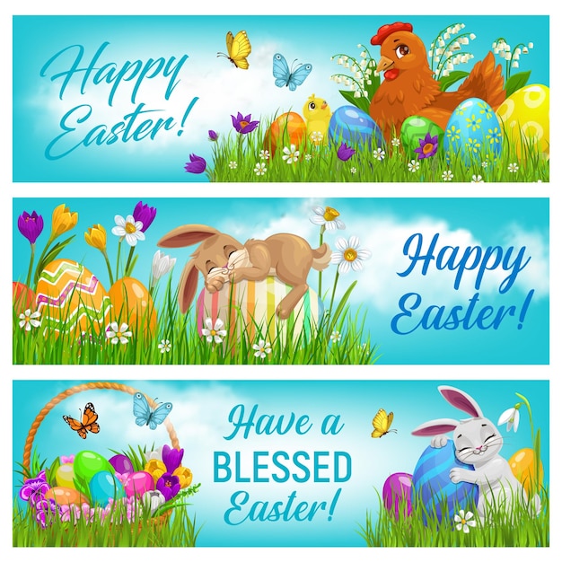 Happy Easter cartoon vector banners postcards set