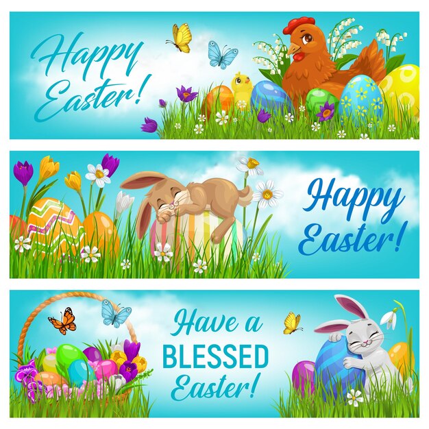 Vector happy easter cartoon vector banners postcards set