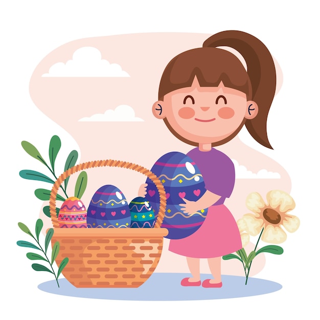 Happy easter celebration card with little girl lifting eggs in basket illustration design